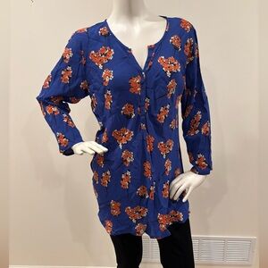 Masai Dark Florals Blue & Orange Women's Tunic Top, size large